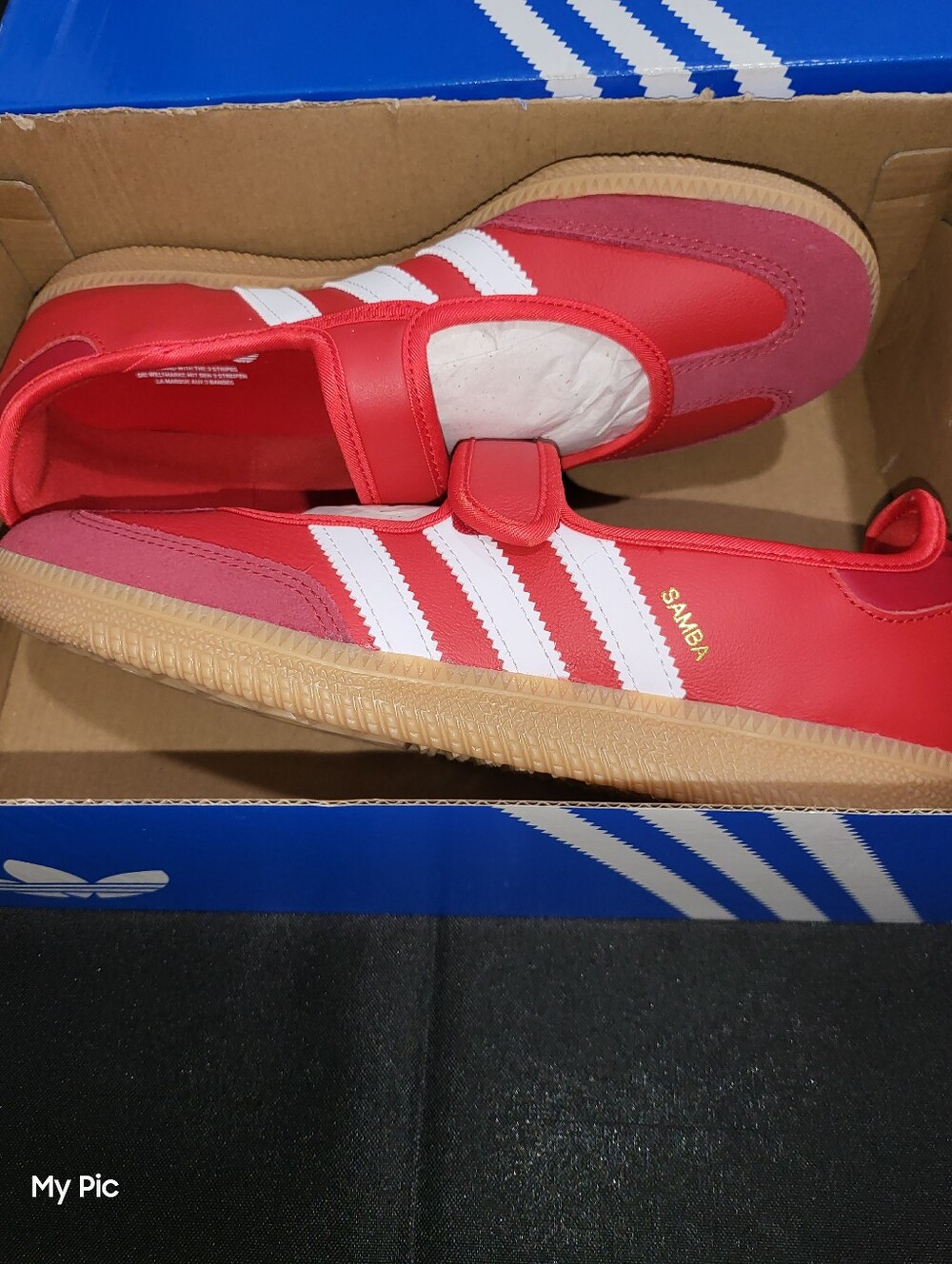 NWOT - Adidas Women's Red Mary Jane-Style Flats with White Stripes